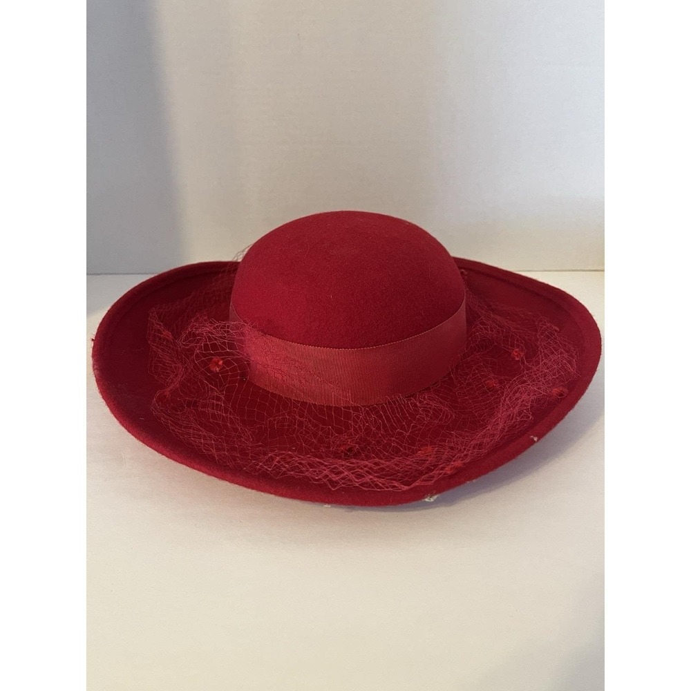 Vintage Michael Howard Red Wool Hat Net Veil Bow Miss Bierner 100% Wool - Picture 4 of 9